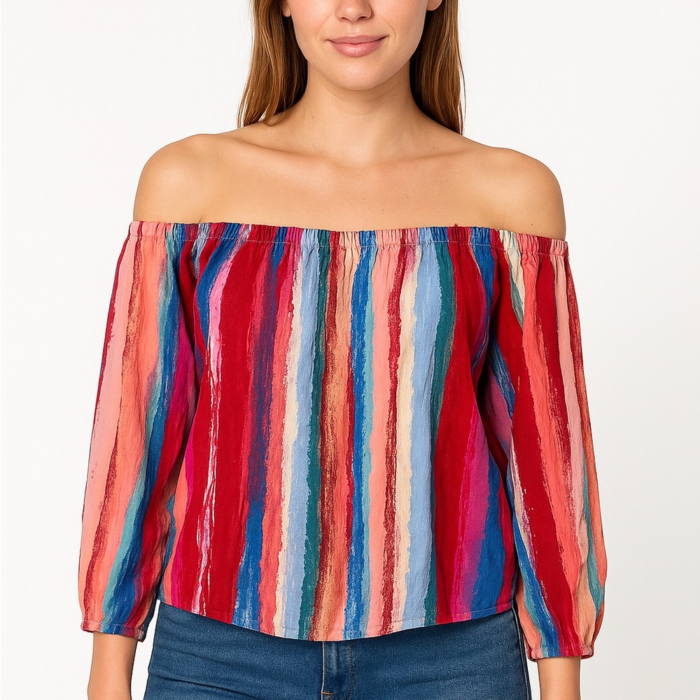 Candie’s Women’s Large Multicolor Striped Off Shoulder Long Sleeve Blouse Top